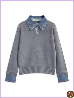 Denim Lapel Polo Sweater Oversized Long Sleeve Knit Pullover